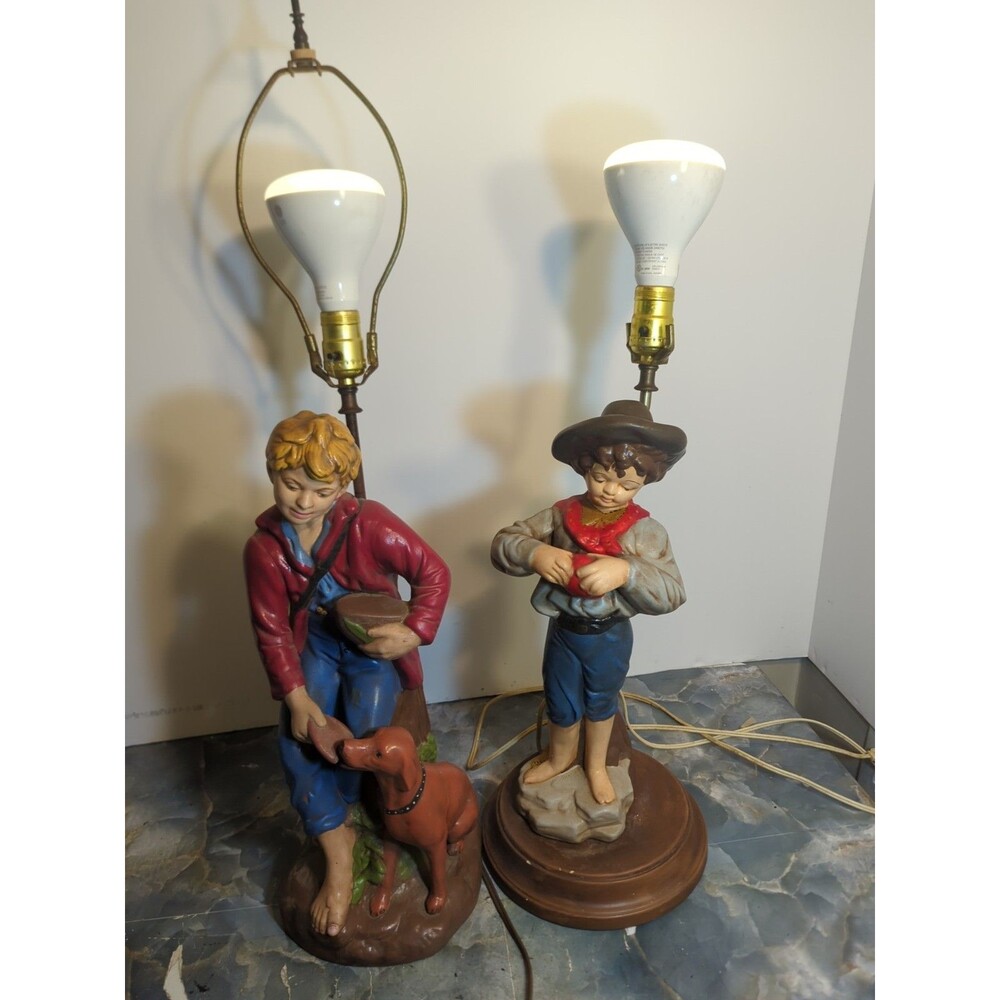 (2) Vintage Large 2' Tall‎ Hand Painted Ceramic Table Lamp Boy With Puppies